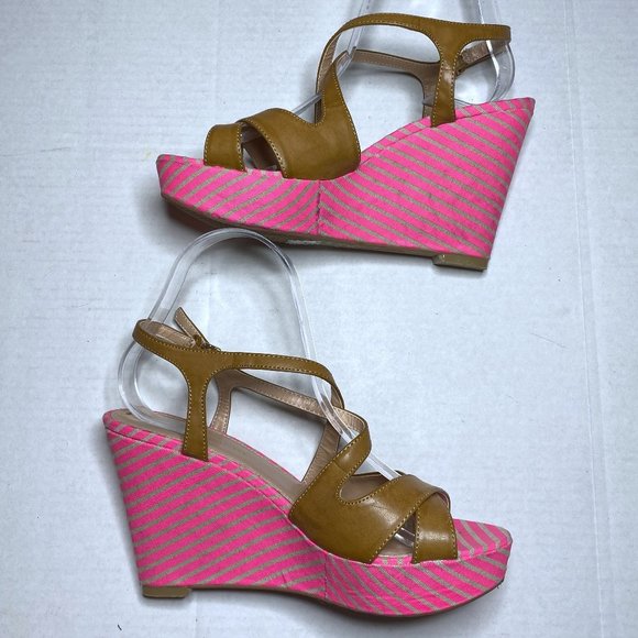 Tommy Hilfiger Women's Size 7 Pink Wedges Heels Strappy Striped Sandals Open Toe - Picture 1 of 13